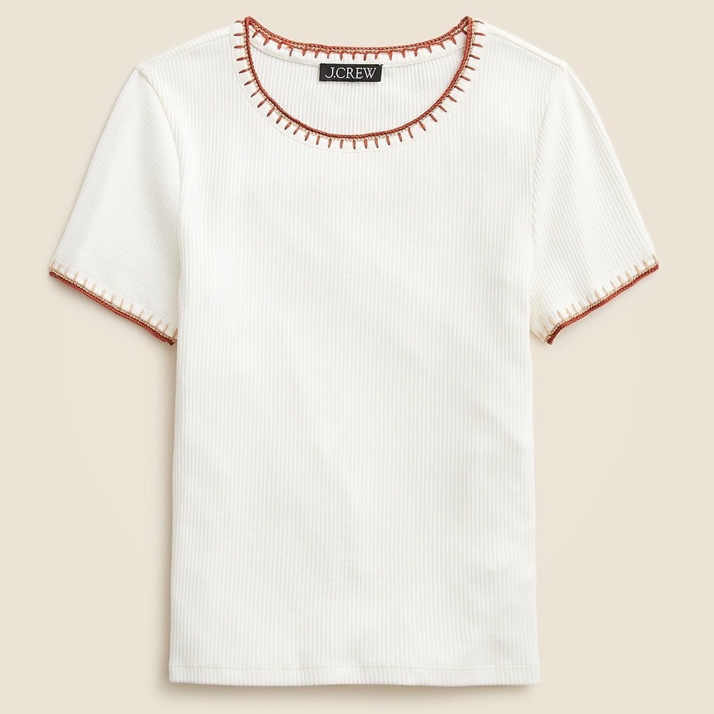 J.Crew Ivory Ribbed Short Sleeve T-shirt Brown Contrast Stitch Womens Size Large